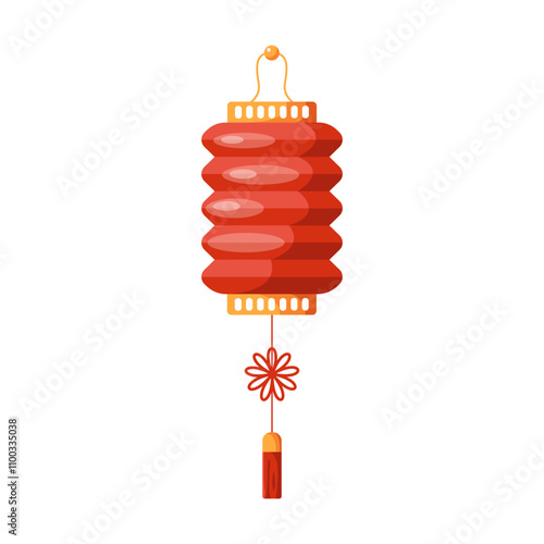 Red corrugated Chinese lantern with tinsel flat color vector object. Oriental holiday red lamp decor illustration on white background