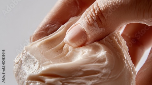 Close-up of hands pressing into soft therapy putty, showcasing the flexible texture and malleability of the material used for rehabilitation exercises and stress relief. photo