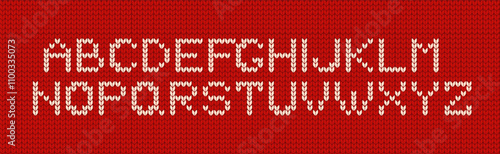 Knitted alphabet objects vector illustrations set on red background. White Latin letters for crafting decorations elements collection