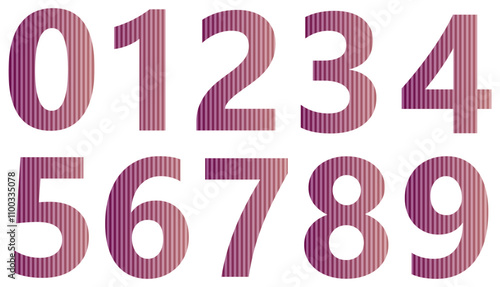 Set of colorful numbers with pattern isolated on white. Alphabet with numbers. Vector graphic elements for design. Abstract pattern with lines. Pink and beige gradient