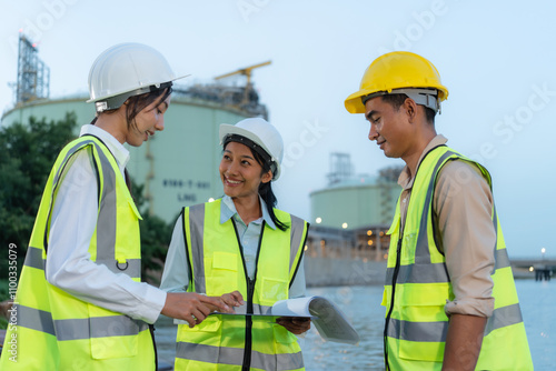 Three engineers in reflective vests and helmets review documents together while working at an industrial refinery near water during daytime. photo