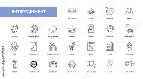 fully editable outline icon collection from entertainment concept. thin line icons set such as gold ticket, glory, spinning wheel, jump, game console,