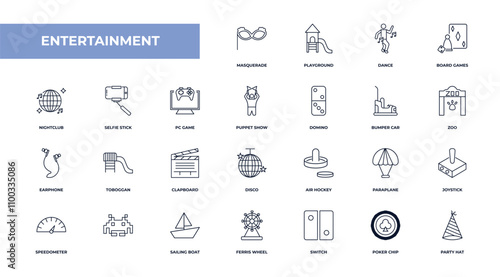 fully editable outline icon collection from entertainment concept. thin line icons set such as masquerade, playground, selfie stick, poker chip, party hat,