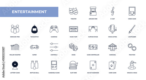 fully editable outline icon collection from entertainment concept. thin line icons set such as theater, arcade hine, tamagotchi, card game, whack a mole,