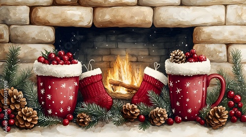 Hand-Drawn Cozy Christmas Card Illustration Featuring Festive Mugs and Stockings by a Warm Fireplace Nestled in a Stone Hearth Surrounded by Pinecones and Holiday Accents