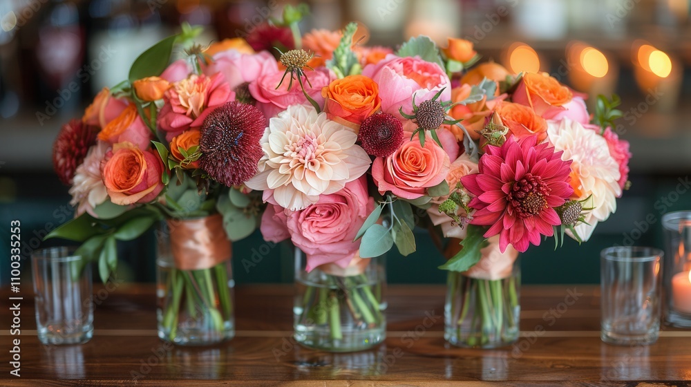 Obraz premium Floral arrangements showcasing vibrant blooms in elegant vases, perfect for a joyful celebration. Generative AI