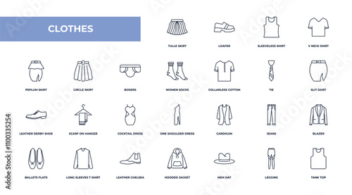 fully editable outline icon collection from clothes concept. thin line icons set such as tulle skirt, loafer, circle skirt, leggins, tank top,