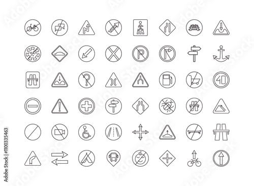 fully editable outline icon collection from traffic signs concept. thin line icons set such as no bicycle, no chatting, narrow lane, cycle lane, ahead only,