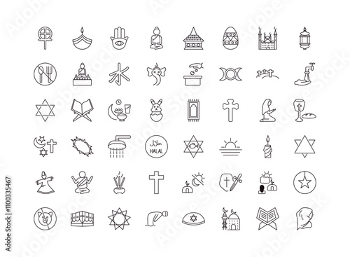 fully editable outline icon collection from religion concept. thin line icons set such as gticism, diwali, inclined fish, quran rehal, hijab veil,