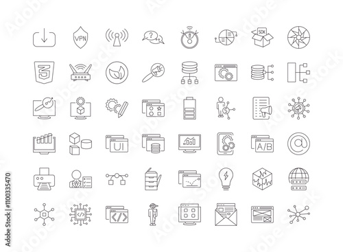 fully editable outline icon collection from technology concept. thin line icons set such as receive, vpn, data visualization, wireframe, social graph,
