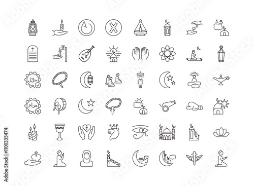 fully editable outline icon collection from religion concept. thin line icons set such as old oil lamp, vigil, assr, heresy, muslim man praying,