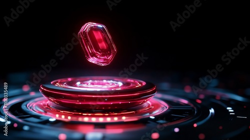 A glowing red gem levitating above a futuristic platform in a sleek, dark setting. photo