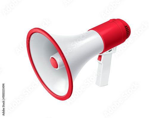 Loudspeaker device three-quarter view realistic vector illustration. Bullhorn of commercial advertisement 3d model on white background