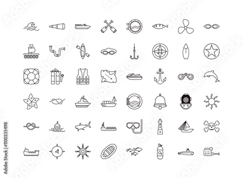 fully editable outline icon collection from nautical concept. thin line icons set such as oars, boat telescope, paddles, yatch, sea package,