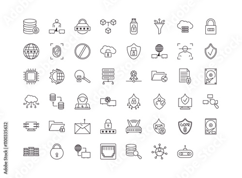 fully editable outline icon collection from internet security concept. thin line icons set such as data locked, network adminstrator, cyber security, networking, bot,