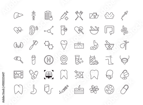 fully editable outline icon collection from medical concept. thin line icons set such as liver, caduceus, blood analysis, cells in a circle, pill,