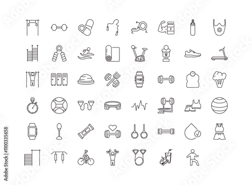 fully editable outline icon collection from gym concept. thin line icons set such as training apparatus, little dumbbell, trampoline, vegetables juice, stretching leg exercise,