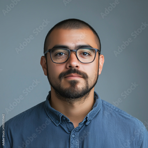 Passport photo of a shaved man wearing glasses.