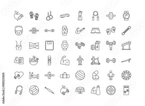 fully editable outline icon collection from gym concept. thin line icons set such as carrot and, sport gloves, anatomy, iron shoot, protein,