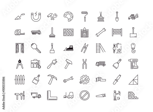 fully editable outline icon collection from construction concept. thin line icons set such as construction palette, inclined magnet, clippers, man painting, birck wall,