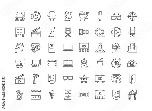 fully editable outline icon collection from cinema concept. thin line icons set such as cinema audience, camera lens, award, smile mask, movie billboard,