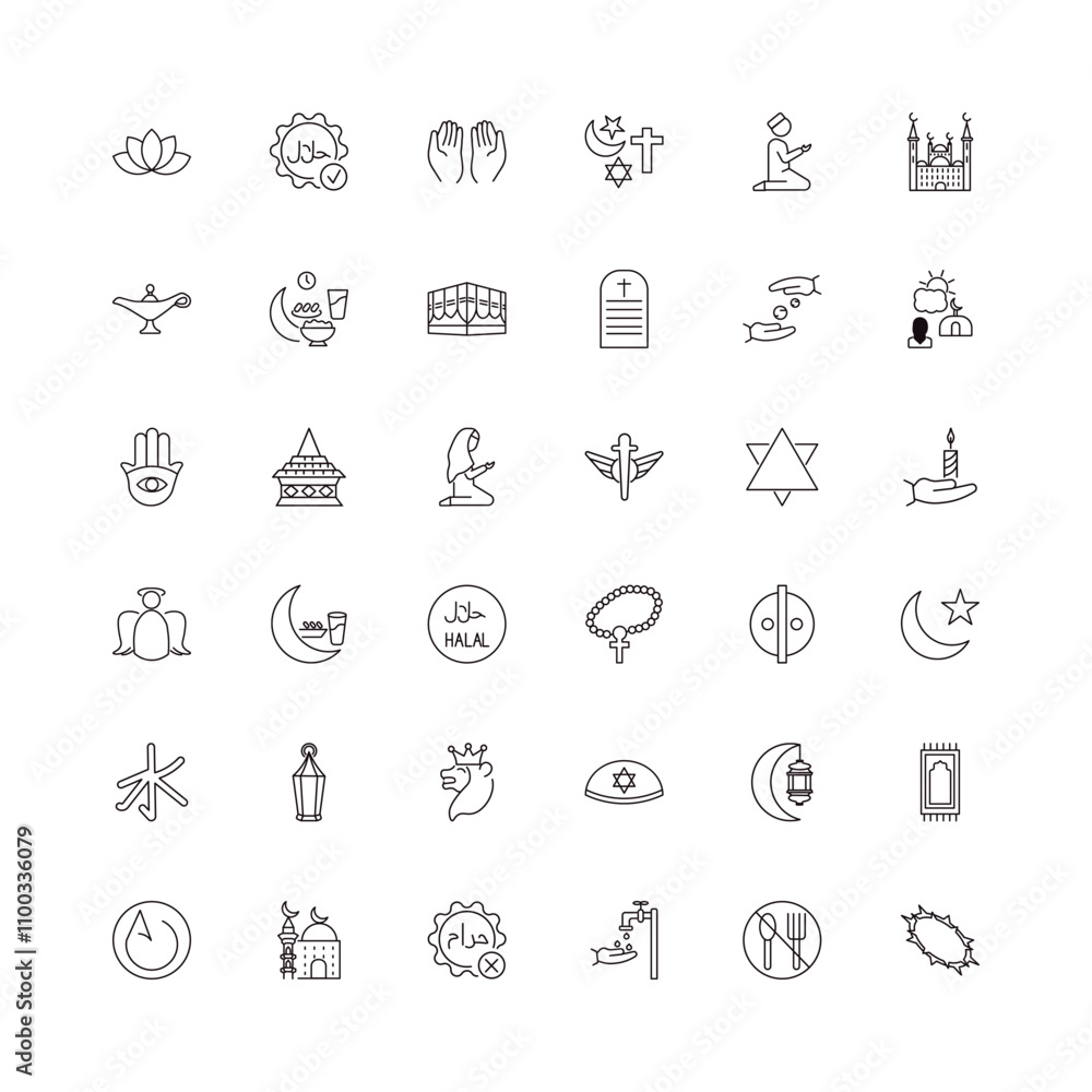 Fototapeta premium fully editable outline icon collection from religion concept. thin line icons set such as buddhism, halal, fajr dawn prayer, ramadan fasting, crown of thorns,
