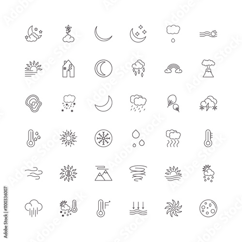 fully editable outline icon collection from weather concept. thin line icons set such as starry night, spring, volcano, tropical storm, full moon,