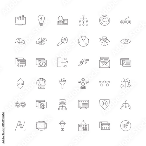 fully editable outline icon collection from technology concept. thin line icons set such as growth hacking, electric light bulb, black eye, semantic elements, text editor,