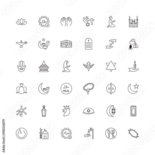 fully editable outline icon collection from religion concept. thin line icons set such as buddhism, halal, fajr dawn prayer, ramadan fasting, crown of thorns,