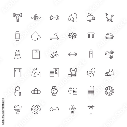 fully editable outline icon collection from gym concept. thin line icons set such as press, fitness wheel, bosu ball, anatomy, dumbbells exercise,