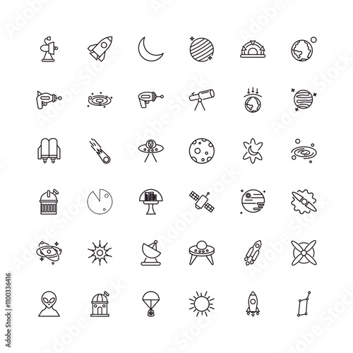 fully editable outline icon collection from astronomy concept. thin line icons set such as voyager, space ship, mars with satellite, liftoff, lyra constellation,