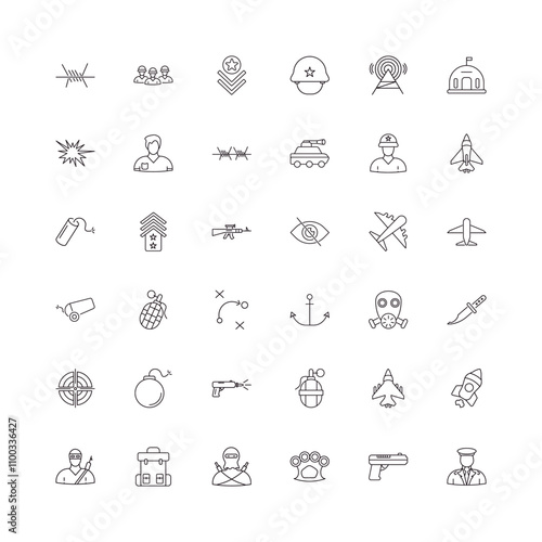 fully editable outline icon collection from army and military concept. thin line icons set such as barbed wire, brigade, fighter plane, , general,