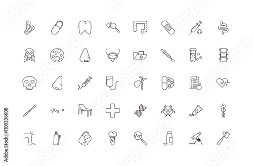 fully editable outline icon collection from medical concept. thin line icons set such as bandage cross, pill, spinal column, microscope tool, medical hammer tool,