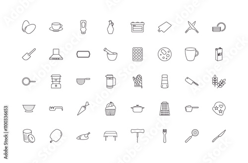 fully editable outline icon collection from kitchen concept. thin line icons set such as eggs, saucer, milk, skimmer, steak knife,