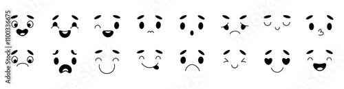 Simple face impression. Collection line doodles. Facial different emotions, happiness, joy, surprise, sorrow, negative, positive, laughter, sadness. Isolated vector hand drawn for design