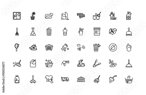 fully editable outline icon collection from cleaning concept. thin line icons set such as cleaning window, rose cleanin, dustpan cleanin, shower head, hot water,