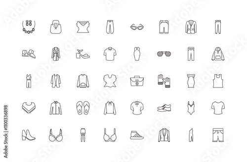 fully editable outline icon collection from clothes concept. thin line icons set such as jewelry, bucket bag, hooded jacket, one shoulder dress, denim shorts,