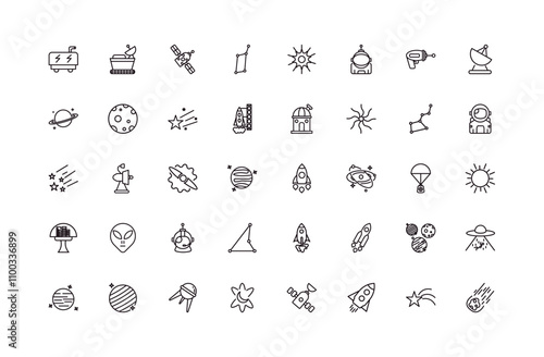 fully editable outline icon collection from astronomy concept. thin line icons set such as generator, moonwalker, astronaut user, shooting star, meteorite falling,