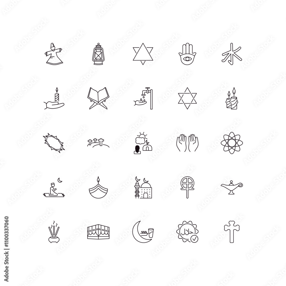 Fototapeta premium fully editable outline icon collection from religion concept. thin line icons set such as sufi mystic, old oil lamp, crown of thorns, halal, christian,