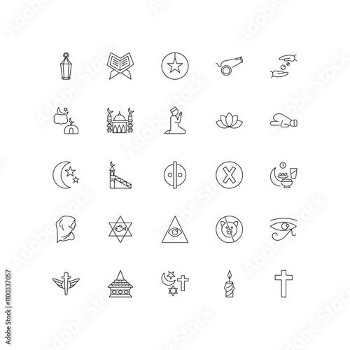 fully editable outline icon collection from religion concept. thin line icons set such as arabic lamp, quran rehal, star and crescent moon, candle, christianity,