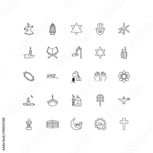 fully editable outline icon collection from religion concept. thin line icons set such as sufi mystic, old oil lamp, crown of thorns, halal, christian,
