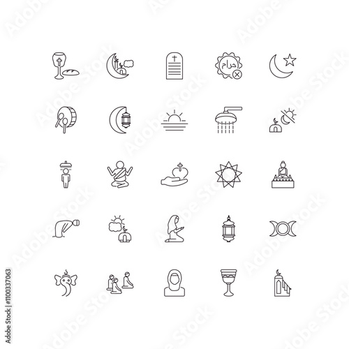 fully editable outline icon collection from religion concept. thin line icons set such as communion, islamic ramadan, islamic ghusl, goblet, minbar,