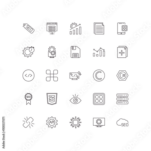 fully editable outline icon collection from programming concept. thin line icons set such as seo tags, hosting, programming language, software, seo cloud,