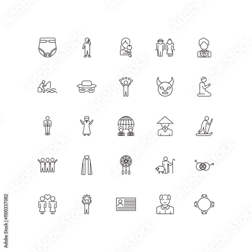 fully editable outline icon collection from people concept. thin line icons set such as baby diaper, man talking with phone, man singing, elder, round table,