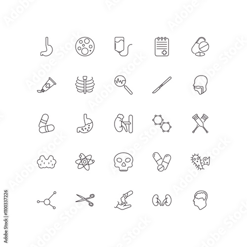 fully editable outline icon collection from medical concept. thin line icons set such as esophagus, cells in a circle, medical pill, kidney, brain in bald male head,