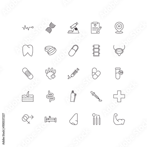 fully editable outline icon collection from medical concept. thin line icons set such as pulse line, medical chain of dna, sticking plaster, dentist tool, strong,