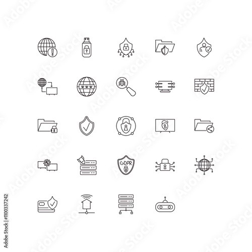 fully editable outline icon collection from internet security concept. thin line icons set such as connection error, pendrive security, firewall, proxy server, bot,