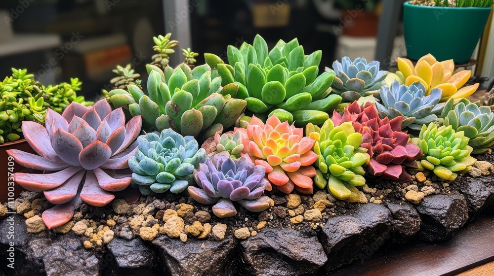 Fototapeta premium Colorful Succulents Planted In A Rock Garden Arrangement