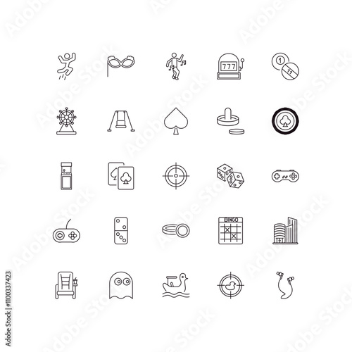 fully editable outline icon collection from entertainment concept. thin line icons set such as jump, masquerade, arcade game, shoot duck, earphone,