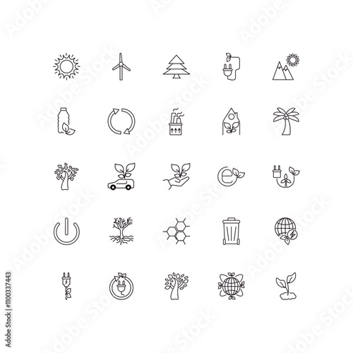 fully editable outline icon collection from ecology concept. thin line icons set such as sunlight, eco turbine, tree of love, awareness, eco plant,